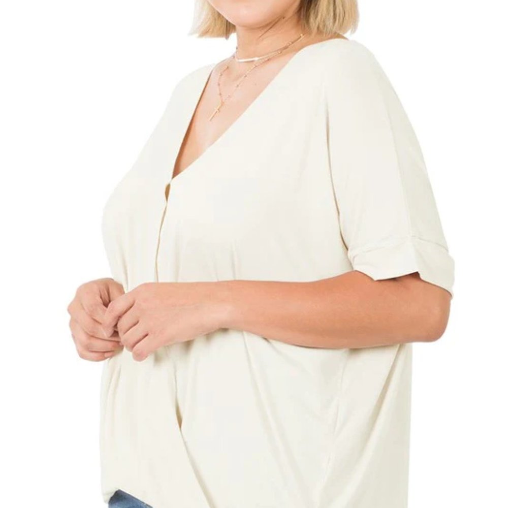 Stretch lightweight Crepe, Layered look wrap front Top. Ivory